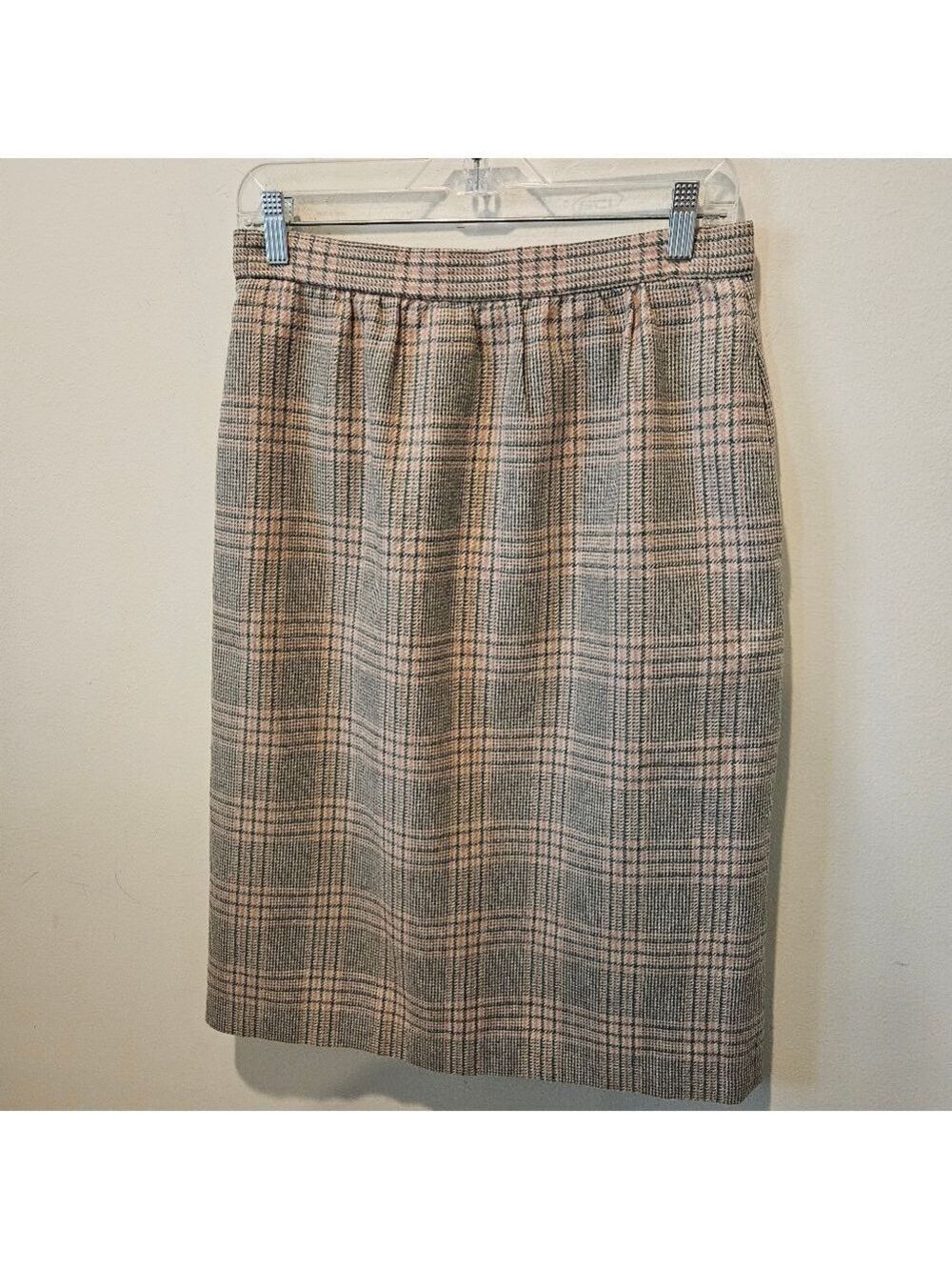 Russ Women's Vintage Plaid Midi Skirt In Pink, Grey, & Creme, Waist 29 Inches